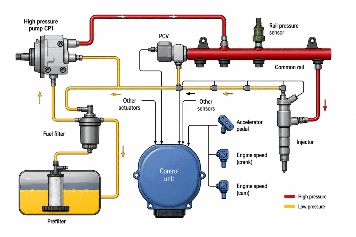 Common rail diesel fuel injection system showing the high pressure pump, common rail, rail pressure sensor, fuel filter, injector, and control unit
