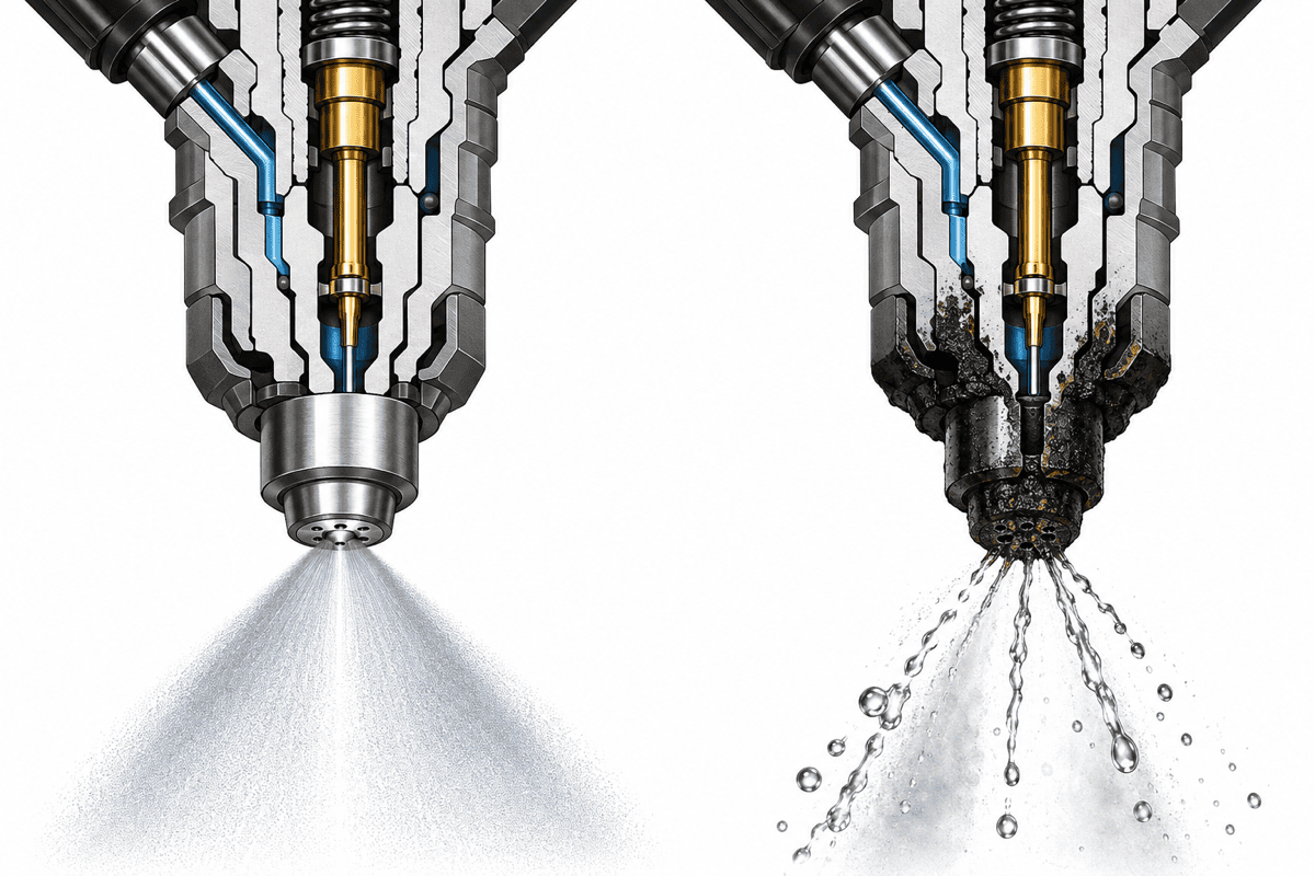 Comparison between a clean GDI injector spray pattern and a coked injector spray pattern
