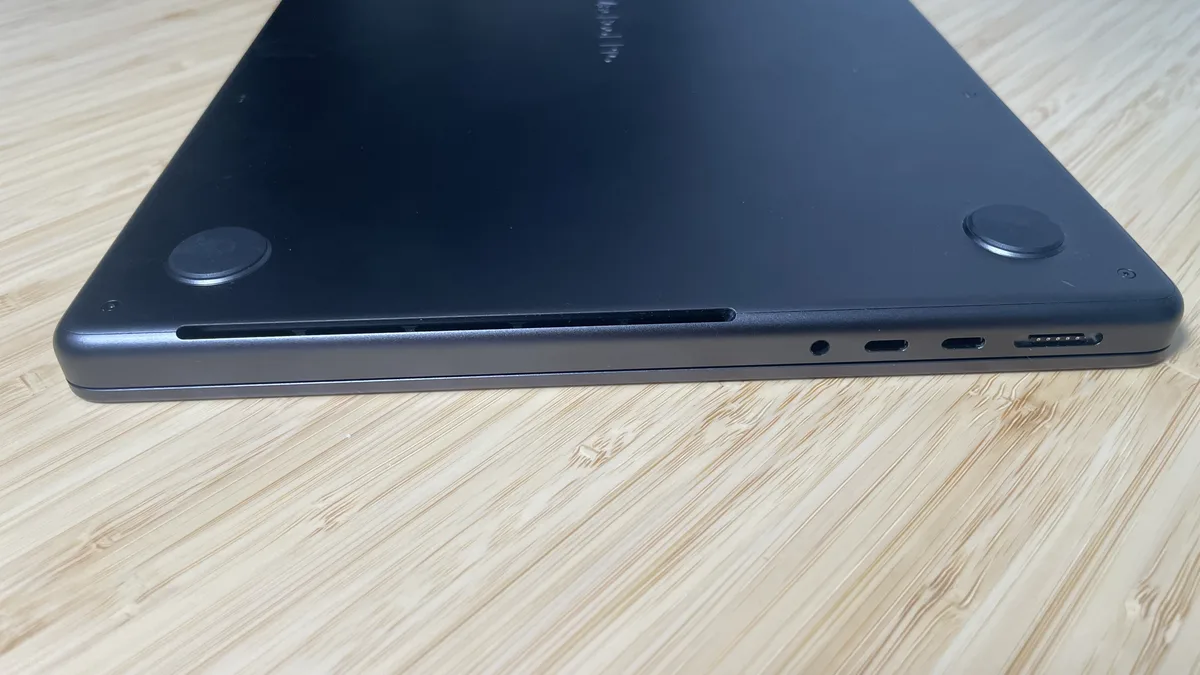 Close-up of the MacBook Pro M4 Pro air intake gills