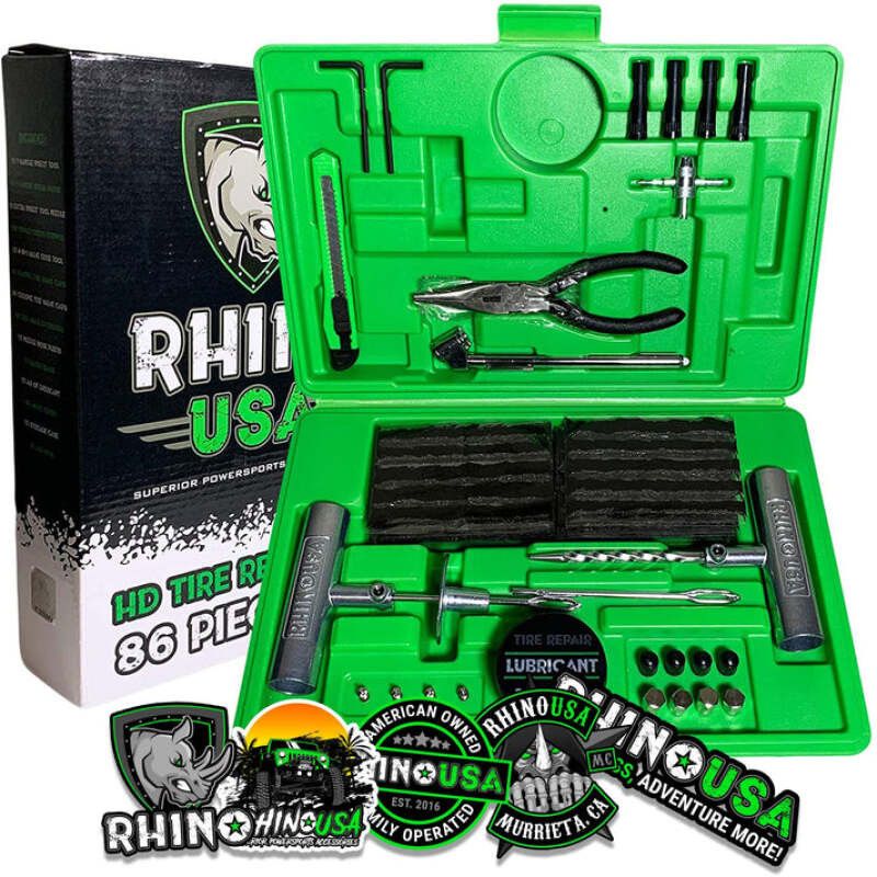 Rhino USA 86-Piece Tire Repair Kit in a green organized case